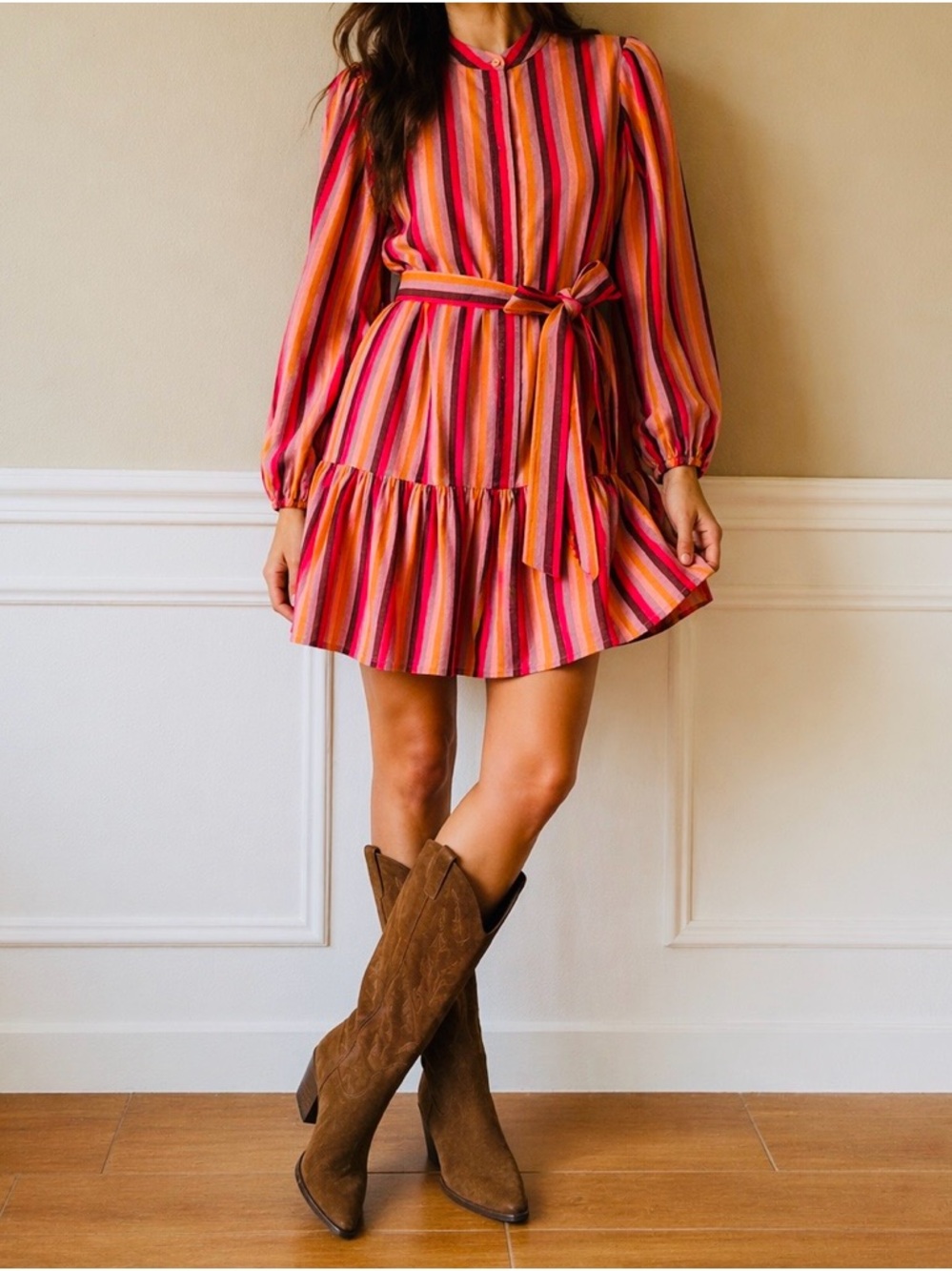 FRNCH Pink and Orange Striped Tie-Waist Long-Sleeve Mini Dress